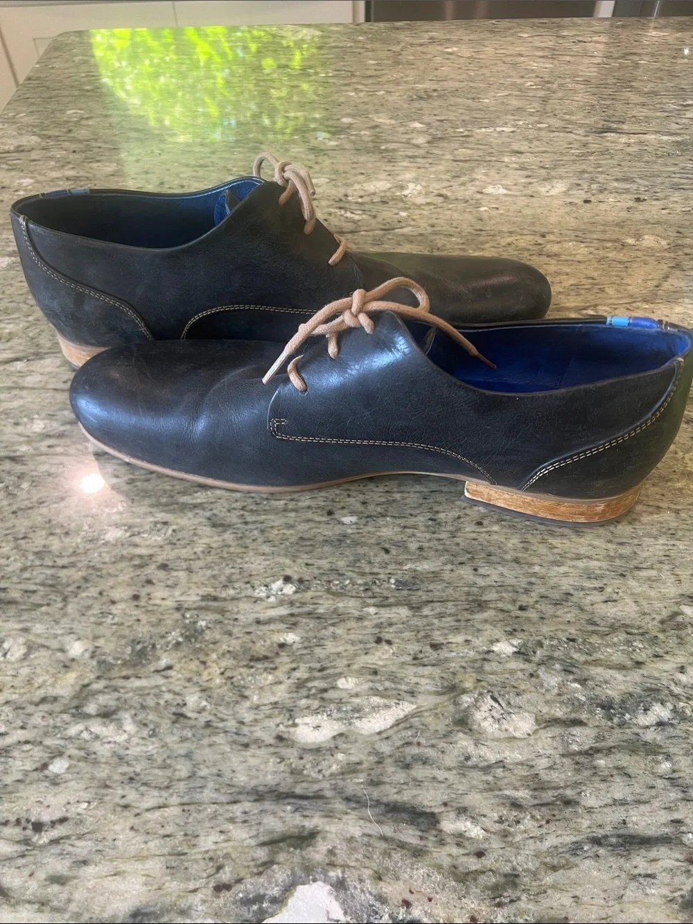 John Fluevog Radio CBC Men’s Classic Derby Shoes Black Blue Leather Size 12.5